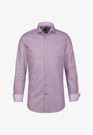 Camicia a maniche lunghe di colore viola chiaro con un motivo geometrico. Presenta un colletto classico, chiusura a bottoni e tessuto a contrasto per i polsini.