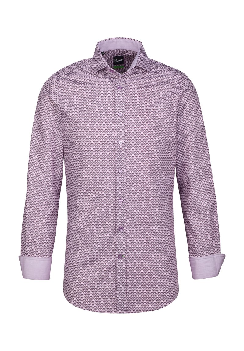 Camicia a maniche lunghe di colore viola chiaro con un motivo geometrico. Presenta un colletto classico, chiusura a bottoni e tessuto a contrasto per i polsini.