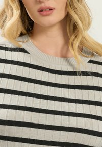 Sweter w paski z dekoltem typu crew, z naprzemiennie cienkimi czarnymi i jasnoszarymi paskami, prążkowaną teksturą i miękkim wykończeniem tkaniny.