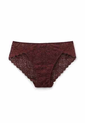 Bordeaux kanten dameshipster onderbroek met bloemenpatronen en geschulpte randen op een witte achtergrond.