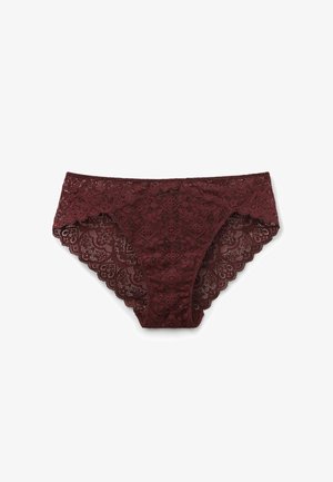Culotte en dentelle bourgogne pour femmes avec des motifs floraux et des bords festonnés sur un fond blanc.