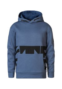 Felpa blu realizzata in tessuto morbido, con una fascia grafica nera sul petto, una tasca frontale e cappuccio regolabile con lacci.