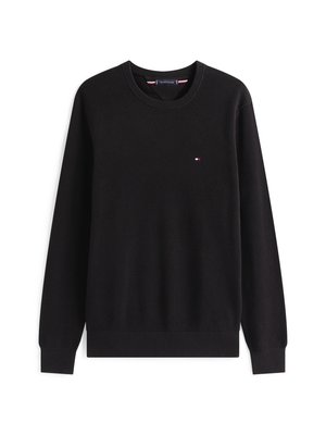 Maglione nero a maglia con maniche lunghe, scollatura rotonda, motivo testurizzato e un piccolo logo ricamato sul petto. Tessuto morbido, polsini e orlo a costine.