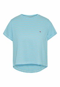 Modrý a bílý pruhovaný tričko s krátkým rukávem, kulatým výstřihem a mírně zakřiveným spodním lemem. Na hrudi se nachází malé logo.