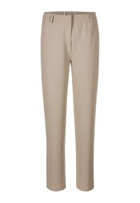 Beige op maat gemaakte broek met riemlussen, voorrits en rechte pijpen op een witte achtergrond.