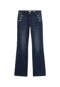 Jeans in denim scuro con gamba a zampa d'elefante, tasche frontali e bottoni decorativi in tono oro su entrambi i lati della vita.