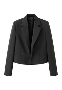 Blazer corto nero con colletto a punta, chiusura con un bottone, due tasche frontali e texture del tessuto liscia.