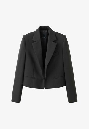 Blazer corto nero con colletto a punta, chiusura con un bottone, due tasche frontali e texture del tessuto liscia.