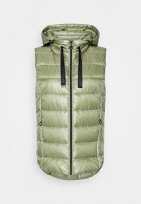 Helles grünes ärmelloses Puffer-Weste mit Kapuze, ausgestattet mit einem vollständigen Reißverschluss, schwarzen Kordelzügen und zwei seitlichen Reißverschlusstaschen.