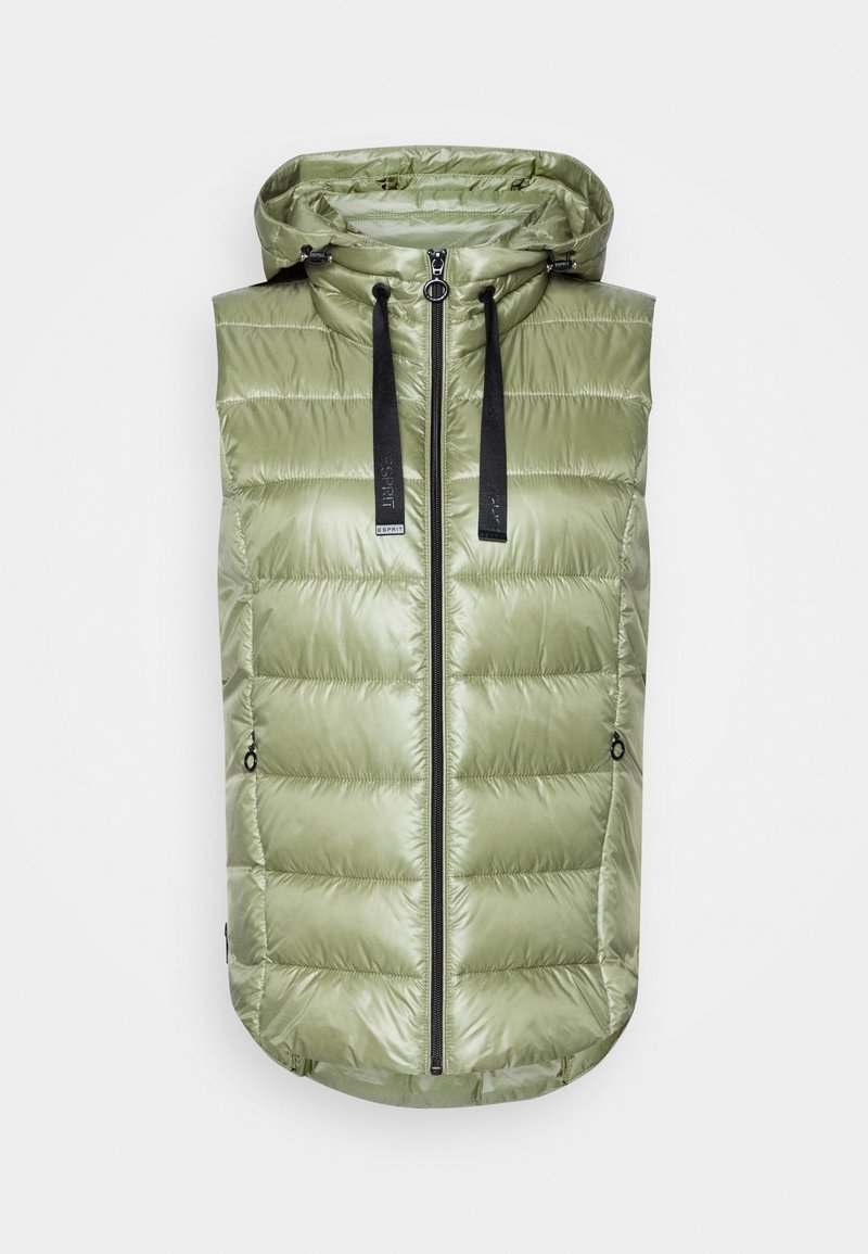 Helles grünes ärmelloses Puffer-Weste mit Kapuze, ausgestattet mit einem vollständigen Reißverschluss, schwarzen Kordelzügen und zwei seitlichen Reißverschlusstaschen.