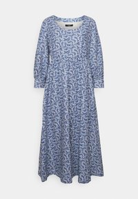 Blaue und weiße Blütenmuster-Kleid, lange Ärmel, runde Ausschnitt, fließendes Design, aus leichtem Stoff, knöchellang.