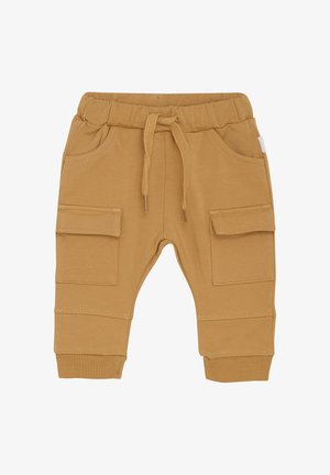 Mosterdkleurige joggerbroeken van zachte stof, met een elastische tailleband en aantrekkoord, twee zijzakken en geribbelde boorden.