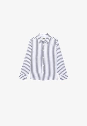 White long-sleeve button-up shirt with blue vertical stripes and a classic collar, laid flat on a white background.