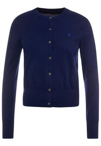 Marinblå kofta i mjukt tyg, med rund halsringning, knappstängning och ribbade ärmslut. Litet logo på vänster bröst.