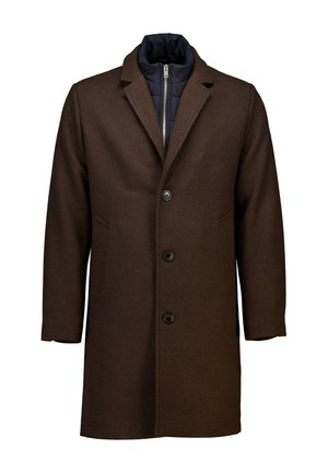 Brauner Wollmantel mit Reverskragen, vier schwarzen Knöpfen, zwei Seitentaschen und einem gesteppten, marineblauen Innenfutter. Mittellanges Design.