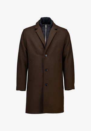 Cappotto marrone in lana con rever a punta, quattro bottoni neri, due tasche laterali e fodera interna trapuntata blu navy. Design di lunghezza media.