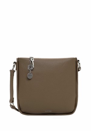 Brown leather crossbody bag with a textured finish, rectangular shape, silver hardware accents, and logo tag detail.
