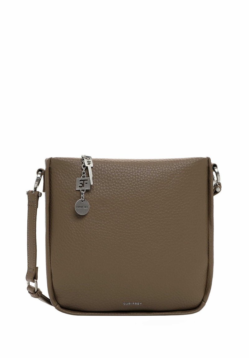 Brown leather crossbody bag with a textured finish, rectangular shape, silver hardware accents, and logo tag detail.