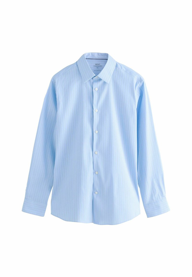 Camicia a maniche lunghe a righe azzurro chiaro con colletto classico e chiusura a bottoni. Il tessuto ha una texture liscia e presenta sottili righe verticali.