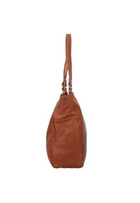 Borsa in pelle marrone con una superficie morbida e texturizzata, dotata di una lunga tracolla e di una forma arrotondata. Design minimalista senza hardware visibile.