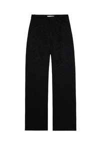 Pantalon noir à jambes larges avec un motif texturé, présentant un devant plat, des passants de ceinture et une coupe décontractée. Fabriqué en tissu doux et durable.