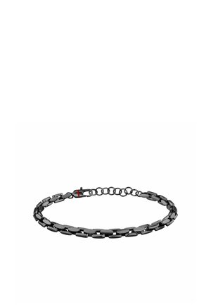 Bracciale a catena in metallo nero con maglie ovali e rettangolari e chiusura regolabile con diverse opzioni di asole.