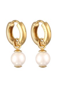 Boucles d'oreilles en or avec une finition lisse, présentant une perle blanche suspendue à la base. Le design comprend un attache circulaire.