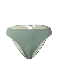 Grüner Bikini-Höschen mit glatter Textur, mittelhoher Passform und kontrastierenden hellgrünen Akzenten an den Seiten. Markenlabel "EDITED" innen.