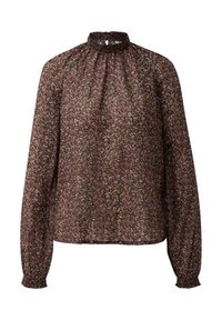Lange mouw blouse met hoge gerimpelde kraag, klein roze en geel bloemenpatroon op een donkere achtergrond, gerimpelde manchetten en halslijn.