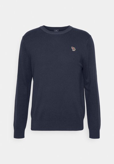Sweat-shirt bleu marine en tissu doux, avec des manches longues, un col rond et un petit logo brodé multicolore sur la poitrine.