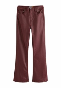 Burgundy flared jeans made from a smooth fabric, featuring front pockets, a zipper fly, and contrasting stitching along the seams.
