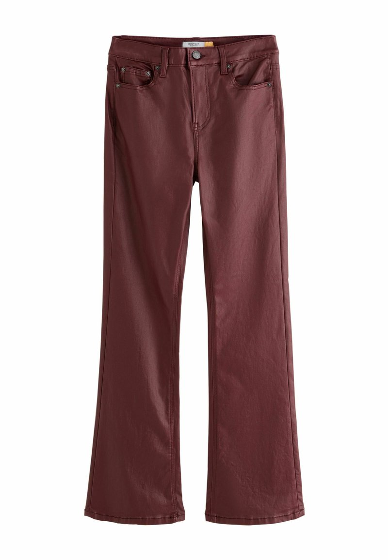 Burgundy flared jeans made from a smooth fabric, featuring front pockets, a zipper fly, and contrasting stitching along the seams.