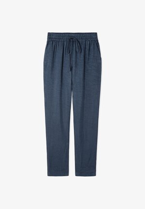 Pantalones casuales azul marino con cintura elástica y cordón, con bolsillos laterales y un ajuste relajado de pierna recta.