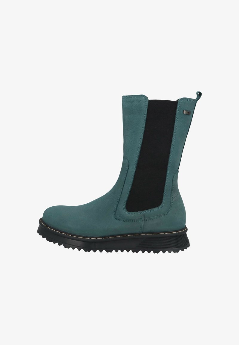 Türkisfarbener Wildleder-Stiefelette mit schwarzen elastischen Seiteneinsätzen, Gummisohle und kontrastierenden Nähten entlang der Sohle. Glatte Textur, schlichtes Design.
