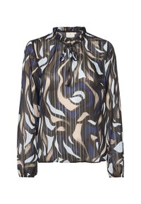 Langærmet bluse med høj krave, prydet med et svirvende mønster i blå, beige og sort, lavet af letvægts, tekstureret stof med en bånddetalje.