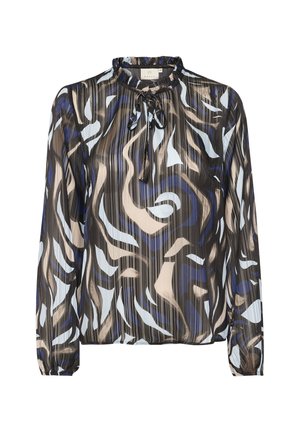 Langärmlige Bluse mit hohem Kragen, ausgestattet mit einem wirbelnden Muster in Blau, Beige und Schwarz, aus leichtem, strukturiertem Stoff mit einer Bindegurtdetail.