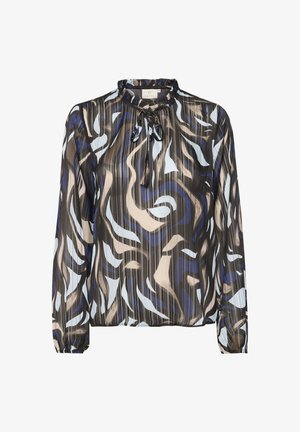 Langärmlige Bluse mit hohem Kragen, ausgestattet mit einem wirbelnden Muster in Blau, Beige und Schwarz, aus leichtem, strukturiertem Stoff mit einer Bindegurtdetail.