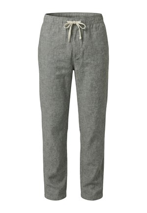 Pantalon en lin gris avec ceinture élastique et cordon blanc, coupe droite, style décontracté.