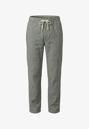 Pantaloni di lino grigi con vita elasticizzata e coulisse bianca, taglio a gamba dritta, stile casual.
