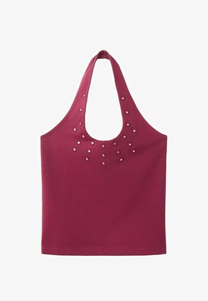 Mouwloze kastanjebruine haltertop met een ronde halslijn, versierd met kleine metalen oogjes rond het borstgebied.