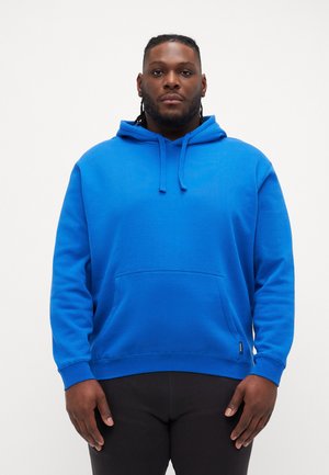 Blauwe hoodie met een voorzak. Gemaakt van zachte stof, met een trekkoordcapuchon en ribgebreide manchetten bij de mouwen en onderkant.