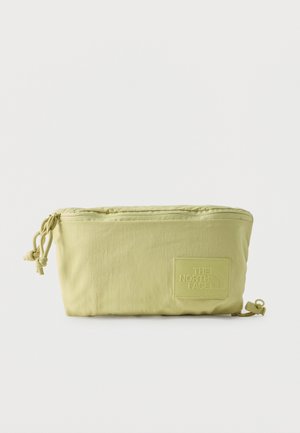 Light green rectangular pouch with zipper closure and “The North Face” logo patch on the front, set against a white background.