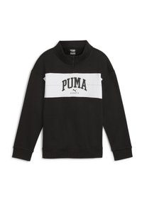 Crna dukserica s bijelom horizontalnom prugom i crnim "PUMA" logotipom. Dizajnirana s otvorom za zatvarač i rebrastim manžetama. Mekani tekstilni dotik.