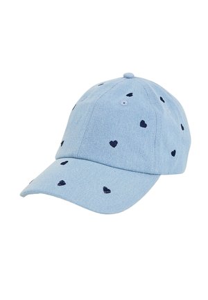 Casquette de baseball bleu clair avec de petits motifs de cœurs bleu foncé dispersés sur le tissu et une visière incurvée.