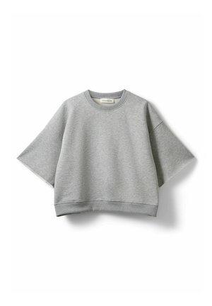 Lichtgrijs sweatshirt met korte mouwen en ronde hals, brede mouwen en geribde zoom, weergegeven op een witte achtergrond.