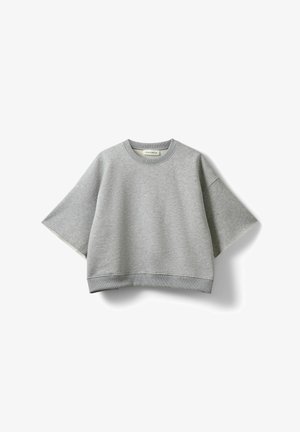 Felpa grigio chiaro, a maniche corte, con scollo tondo, maniche larghe e orlo a coste, mostrata su uno sfondo bianco.