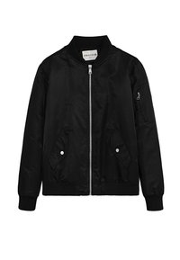 Veste bombardier noire avec une finition lisse, fermeture éclair, deux poches avant, bords-côtes aux poignets et à l'ourlet, et une petite poche zippée sur la manche.