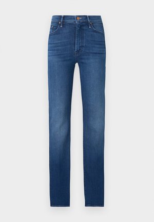 Dark blue skinny jeans with five pockets and button closure, displayed against a plain light background.