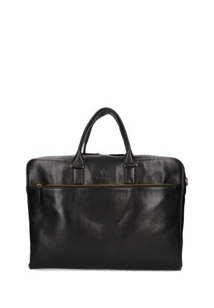 Black leather briefcase with dual top handles and front zippered pocket, shown against a white background.
