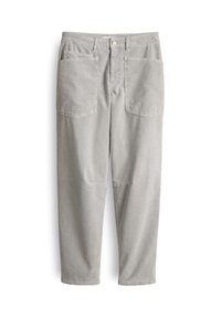 Pantaloni grigio chiaro in misto cotone, con vita alta, gambe dritte e quattro tasche. Tessuto testurizzato con dettagli di cucitura visibili.
